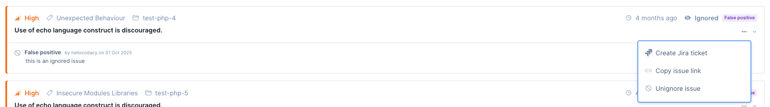 Security and risk management finding unignore