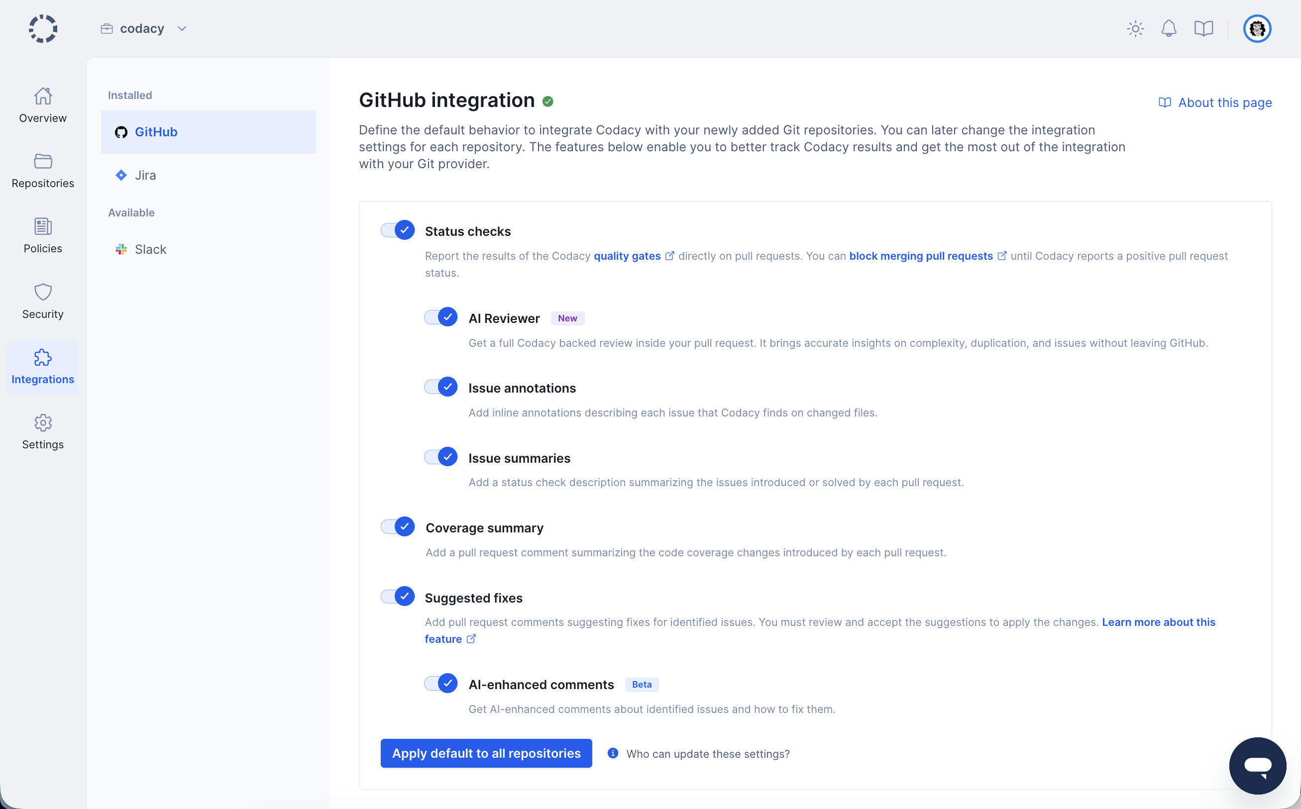Default Git provider integration settings